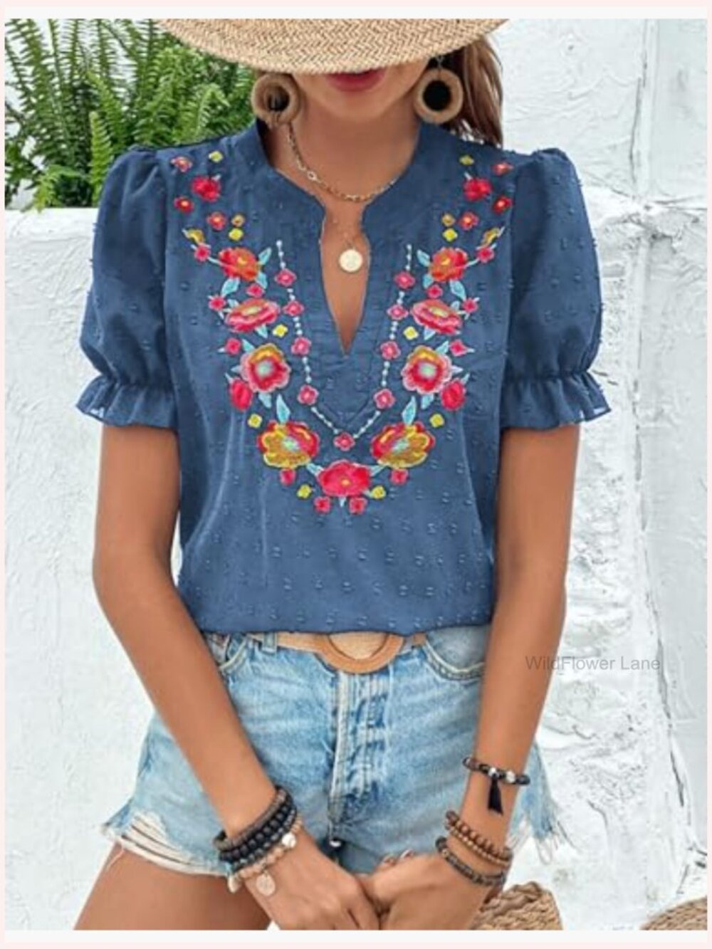 Women's V Neck Puff Sleeve Embroidered Blouse Summer - Picture 7 of 7
